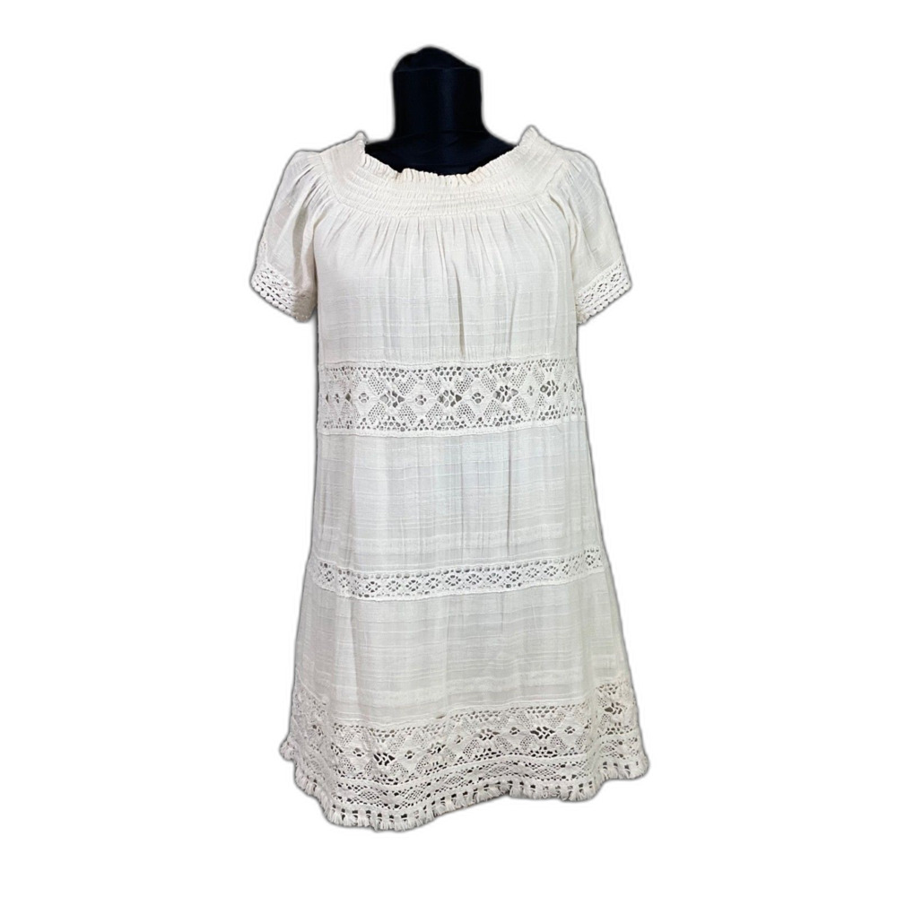 AMERICAN EAGLE BOHO Smocked Neck eyelet trim Mini/knee Dress Small white Lined